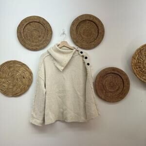 Free People Neutral White Chunky Ribbed Knit Fold Over Button Sweater XS